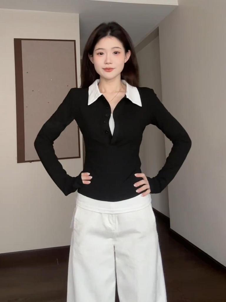 Plus Size Color Block Two-Piece Design Long Sleeve T-Shirt - Early Autumn Slimming Top 2025