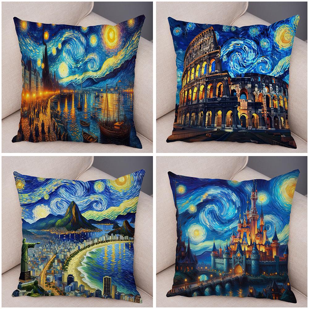 Nueva York París Londres Roma Funda De Cojín Decoracin Cielo Estrellado Arte Doble Estampado Funda De Almohada Suave Funda