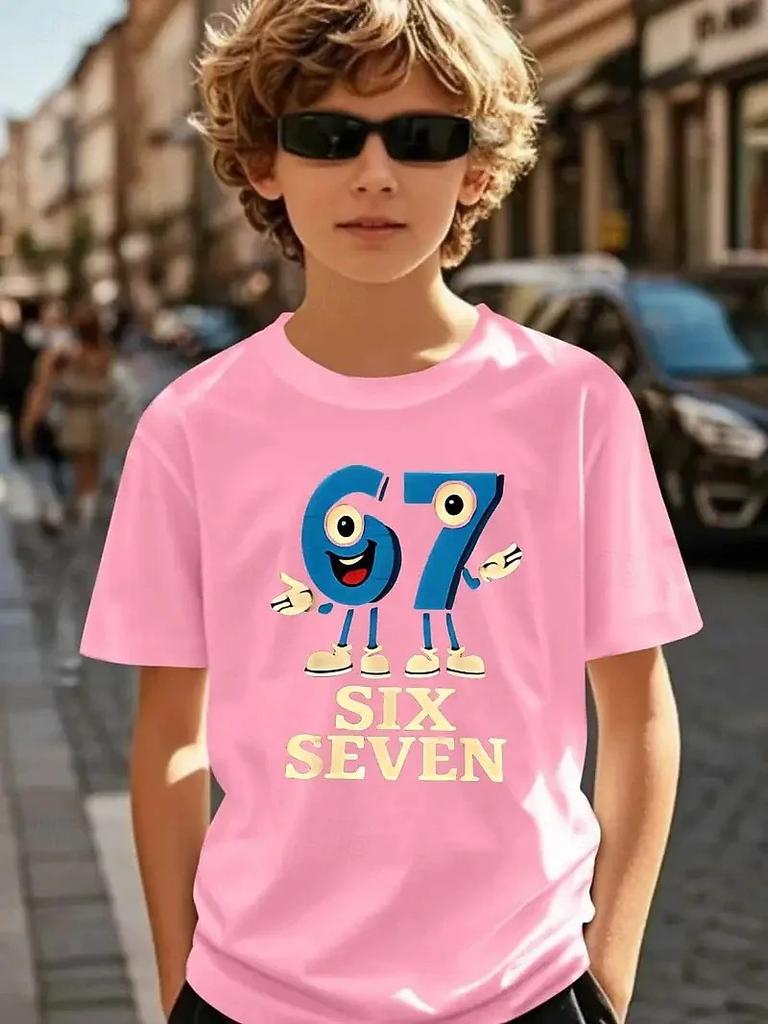 Cute Meme T-Shirt for Boys Girls Childrens Six Seven Funny Kids Y2k Tees Tops 67 Brainrot Print Round Neck Short Sleeve T Shirt
