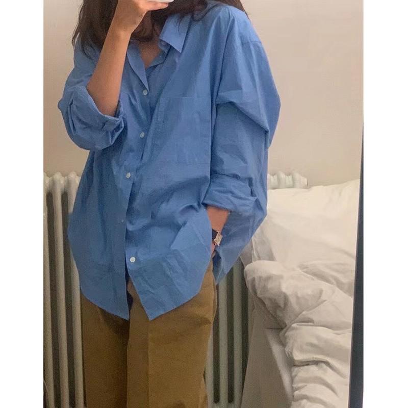 In Stock: Women's Korean Dongdaemun Blue Classic Long-Sleeve Loose Fit Spring Shirt