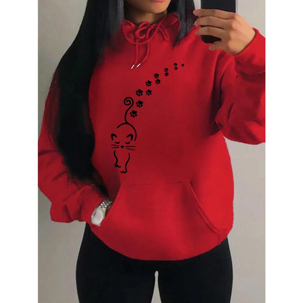 Cats And Footprints Creative Design Female Sweatshirt Hip Hop Pocket Hoodies Creativity Warm Pullover Street Style Fleece