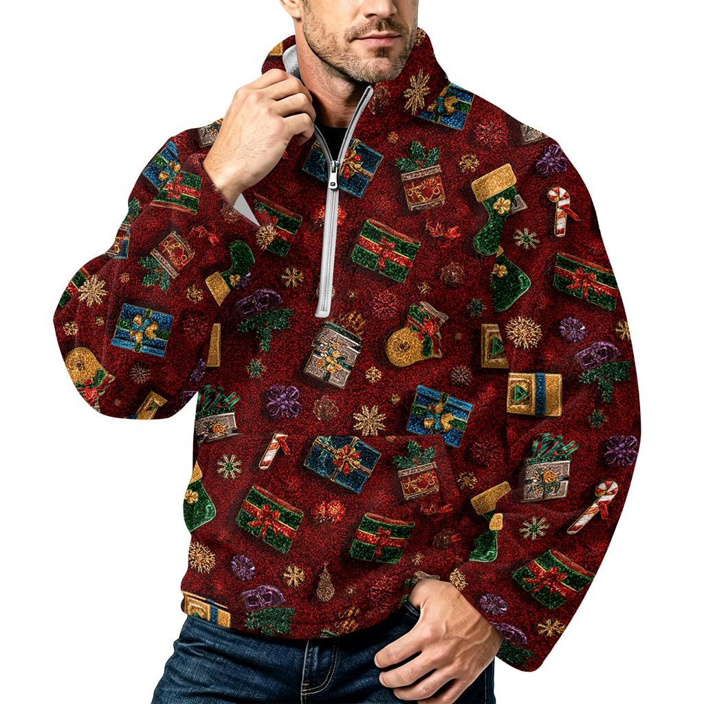 Men's Christmas Print Zip-Up Sweatshirt with Stand Collar, Plus Size Flannel Top for Fall Winter