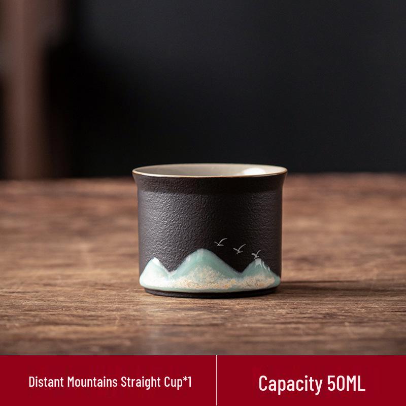 Hand-Painted Black Pottery Zen Tea Cup - Retro Mountain Design, Kung Fu Ceramic Masterpiece for Tea Tasting and Guest Reception.