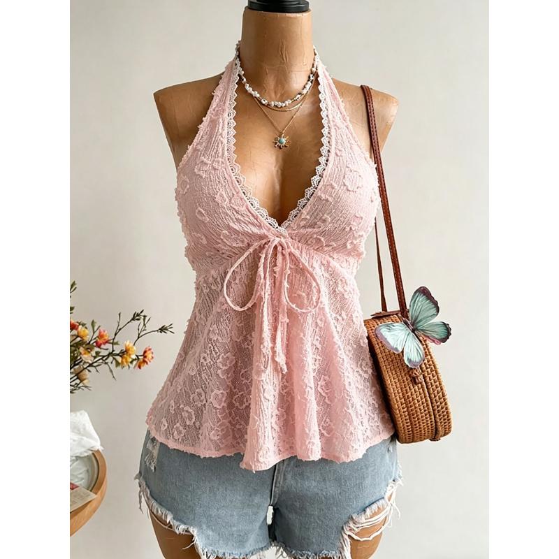 

Women s Summer V-neck Lace Up Exposed Neck and Backless Casual Vacation Topboho Easter Beach Clothing Hawaii Coachella Music Fes XL рожевий