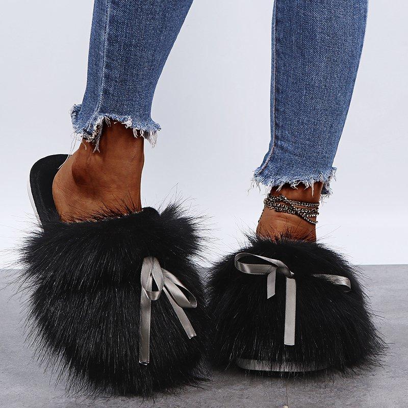 Fashion Sweet Bowknot Mix Color Faux Fur Slides Women 2025 Autumn Warm Short Plush Outdoor Slippers Soft Sole Cotton Mules Slippers