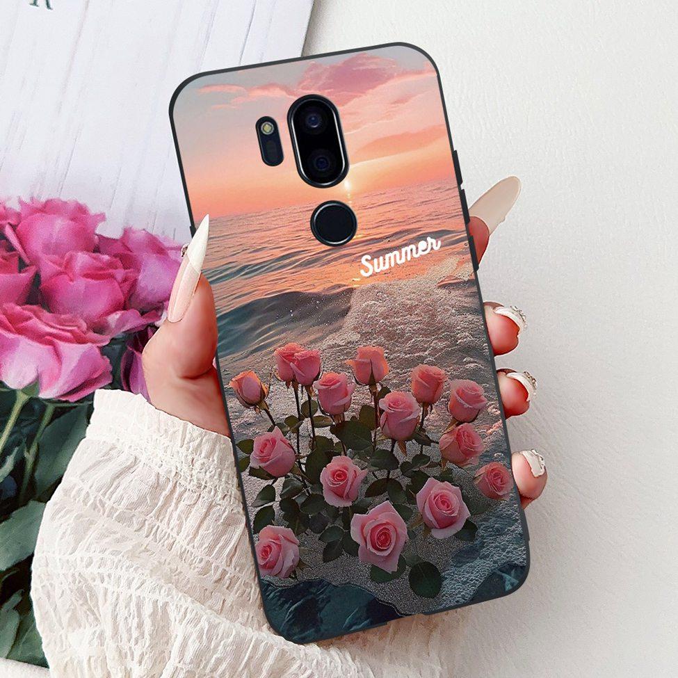 Para LG G7 ThinQ Funda Silicona Negra Gato Lindo Flores de Moda Trasera Pintada Genial Para LG G7ThinQ Funda de Teléfono LMG710EM