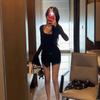 Lotus leaf mesh horn sleeve fake two-piece long-sleeved dress women's summer new sexy waist and hip skirt