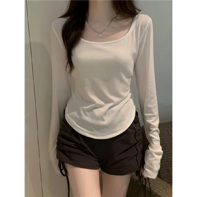 Una maglietta sexy a maniche lunghe in poliestere da donna, top in maglia con scollo rotondo tinta unita, lunghezza regolare, moda primaverile e autunnale