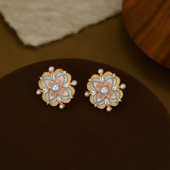 1 Pair Stud Earrings Imitation Pearl Cubic Zirconia Stone Inlaid Flower Shape French Style Blue Enamel Ear Studs Jewelry Gift