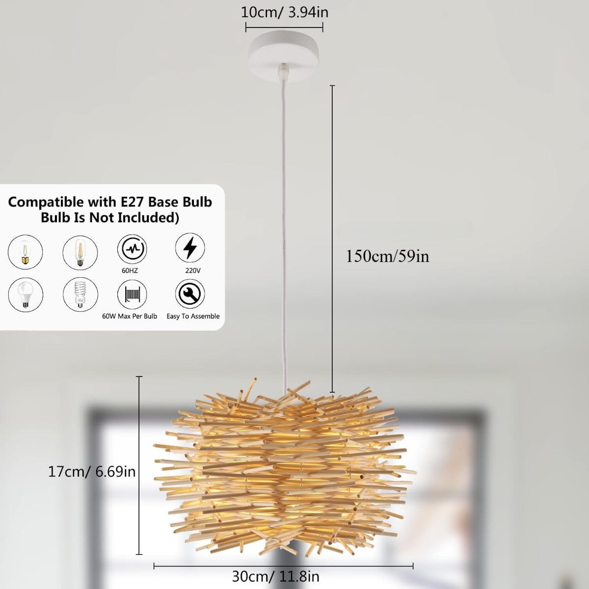 JOYINLED 30 см Винтажный ротанговый подвесной светильник, Ручной плетеный светильник-гнездо, Натуральный плетеный потолочный светильник E27 Without E27 Bulb