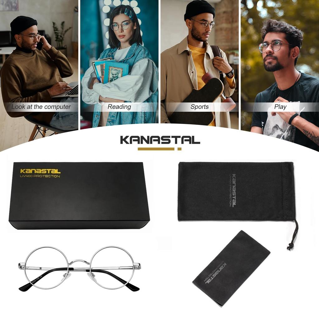 KANASTAL Blue Light Blocking Round Glasses for Men and UV Ultra Clear Lenses Women, Protection, Lightweight, (Silver)