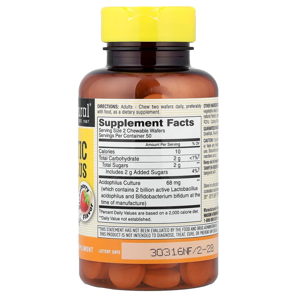 Mason Natural Chewable Probiotic Acidophilus & Bifidus, Strawberry, 2 Billion CFU Wafers, 100 Count