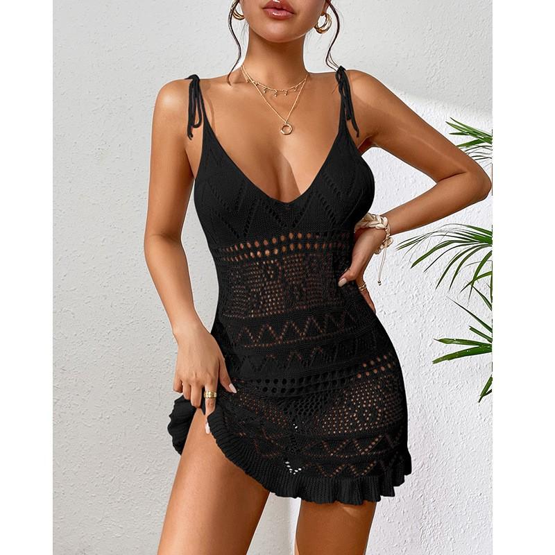 Women's Short Knitted Suspender Hollow Dress Knitted Beach Dress