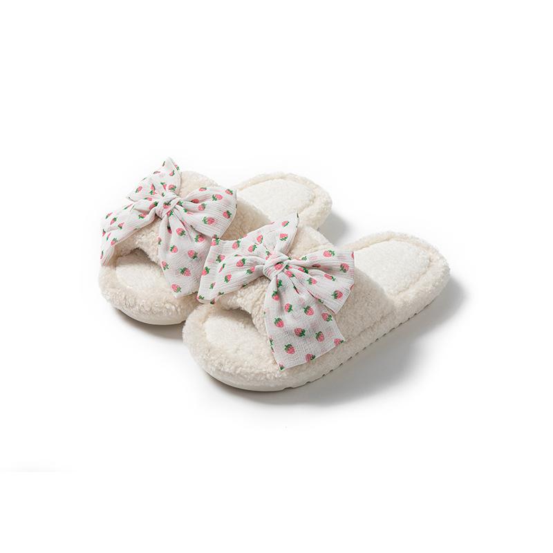 Polka Dot Bow Open Cotton Slippers Ins Fluffy Slippers Less Contrasting Plush Slippers