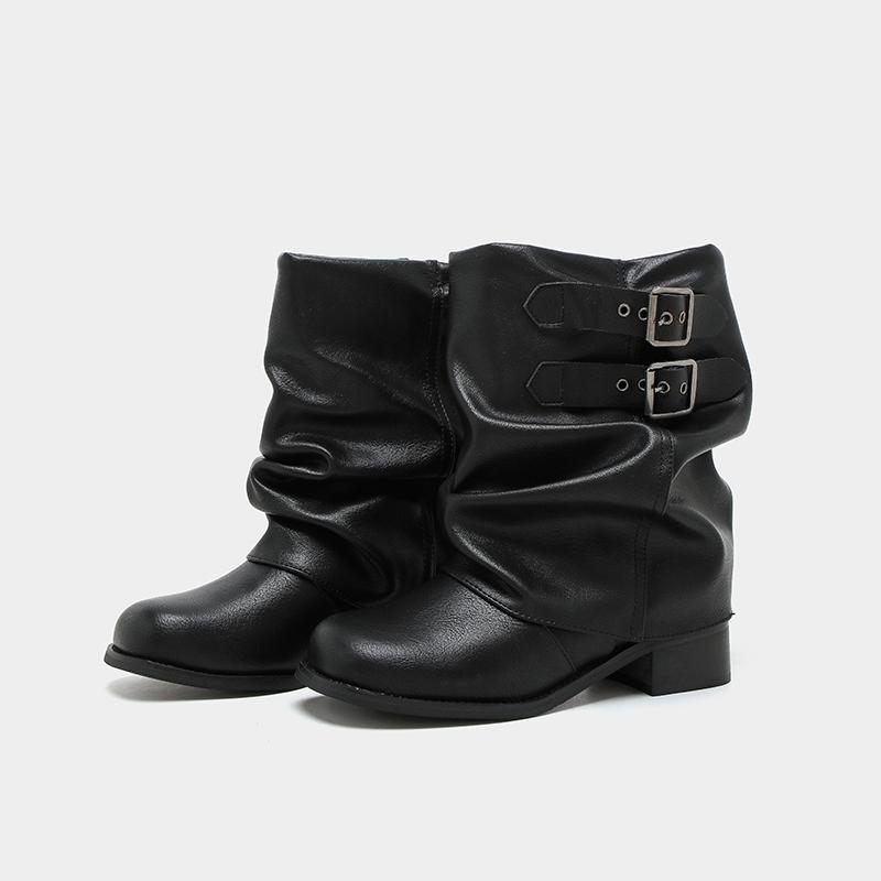 Autumn Vintage Thick Heel Women Western Cowgirl Boots Fashion Belt Buckle Ladies Elegant Slip On Mordern Short Booties