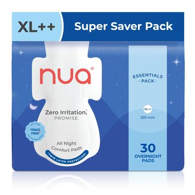 Nua All Night Comfort Binden | 30 Stück (XL++ 320mm) | Zweilagiger Schutz | 50 % breitere Rückseite und fleckenabweisende Flügel | Bis zu 10 Stunden Abso
