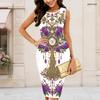 Women Plus Size Round Neck Sleeveless Black Printed Bodycon Midi Dress