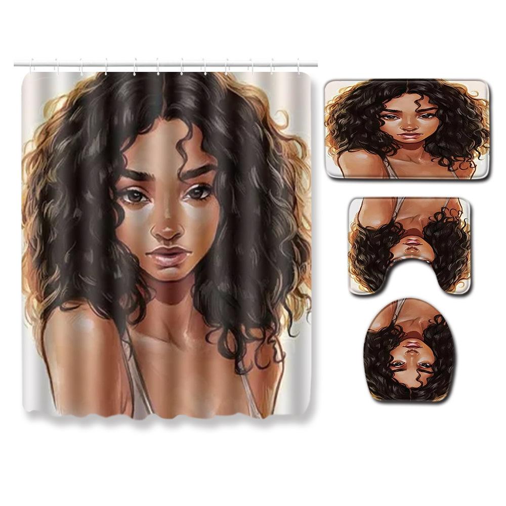 Printed Woman'S Head Pattern Bathroom Floor Mat Shower Curtain Carpet Combination E-Commerce