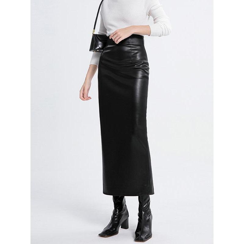 Women's Black High Waist Faux Leather Bodycon Midi Pencil Skirt with Back Vent