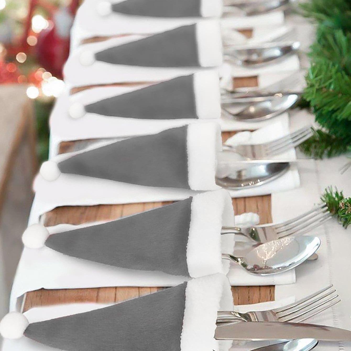 Gray Christmas Mini Hat Ornaments: Cutlery Sleeves & Wine Bottle Decorations