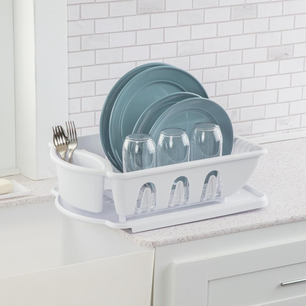 2 Piece Sink Set Dish Drainer with Inclined Drainboard Flatware Storage Cup Holder Kitchen Drying Rack System
