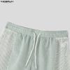 INCERUN Men Drawstring Elastic Waist Striped Hollow Beach Sports Shorts Pants