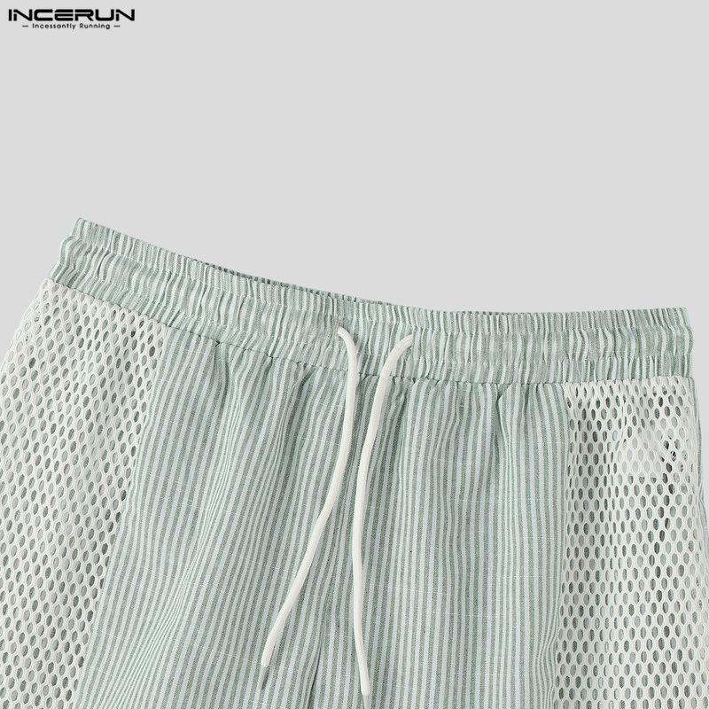 INCERUN Men Drawstring Elastic Waist Striped Hollow Beach Sports Shorts Pants