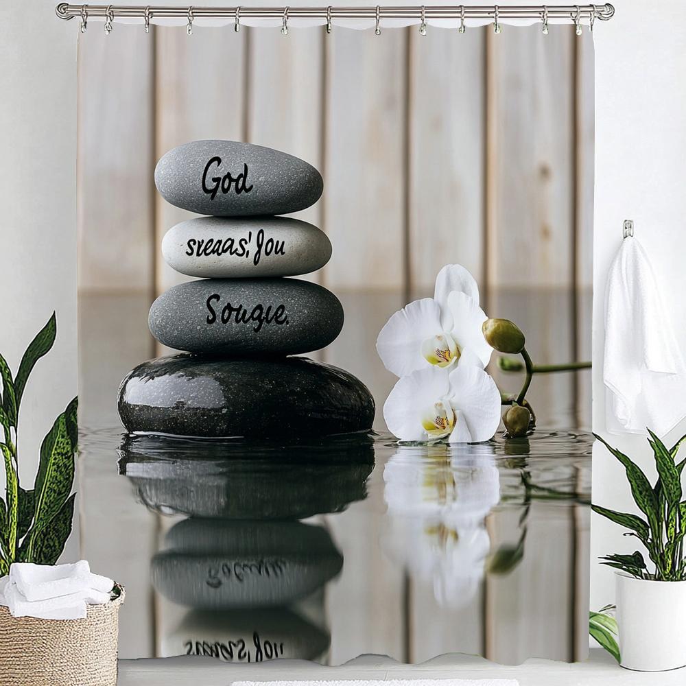Zen Stone With Lotus Reflection In Water Shower Curtain, Bathroom Decorative Shower Curtain, Home Flowers Curtain With Hooks
