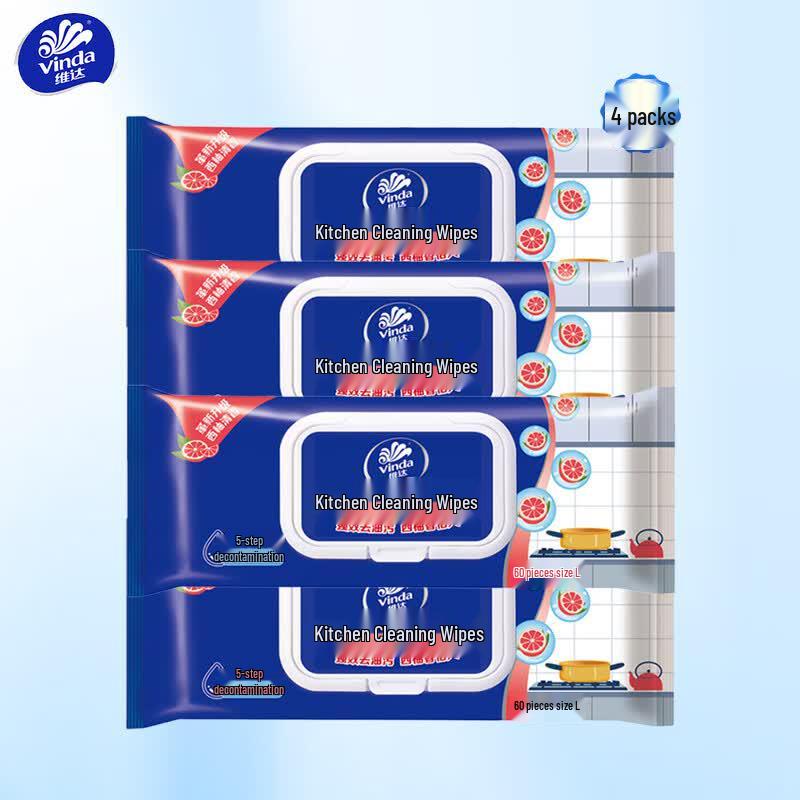 Vinda Kitchen Cleaning Wet Wipes - 60 Sheets x 4 Packs