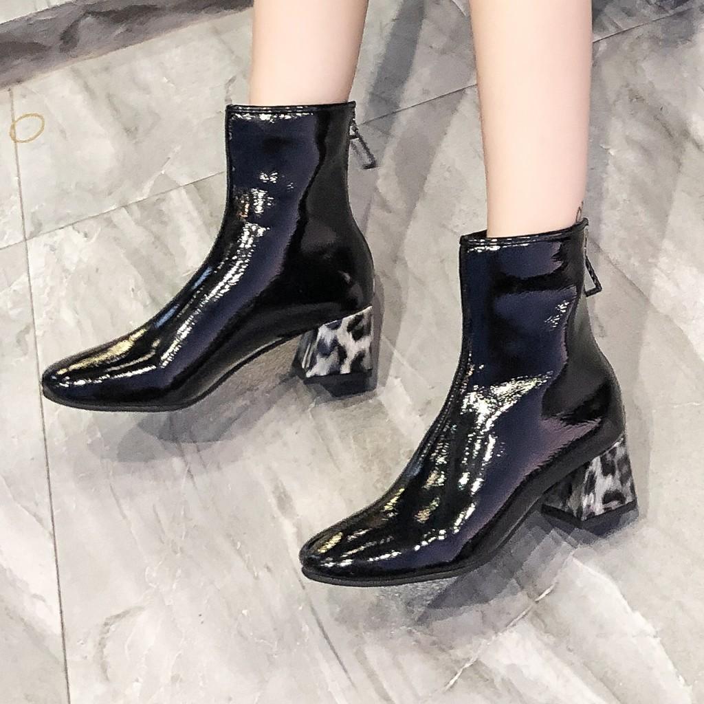 

(SU)Женские кожаные квадратные ботинки шорты леопардовый каблук средние высокие туфли