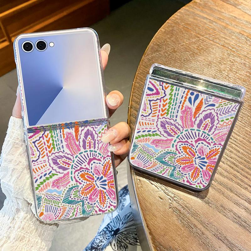 Cartoon Flower Printed Transparent Folding Phone Case For Samsung Galaxy Z Flip 7 FE 6 5 4 3 Flip7 Flip6 Flip5 5G Hard PC Cover