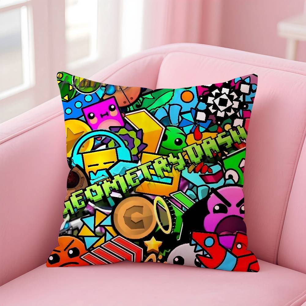 Anime Happy Cartoon Geometry Dash Video Game Pillow Case Anti-Dustmite Pillowcase Invisible Zipper Silky Short Plush Sofa Cushio