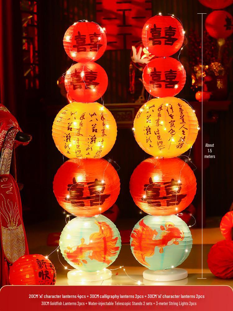 Double Happiness Chinese Wedding Room Decoration Set with Lanterns & Honeycomb Ornaments for Bedroom Photo Props