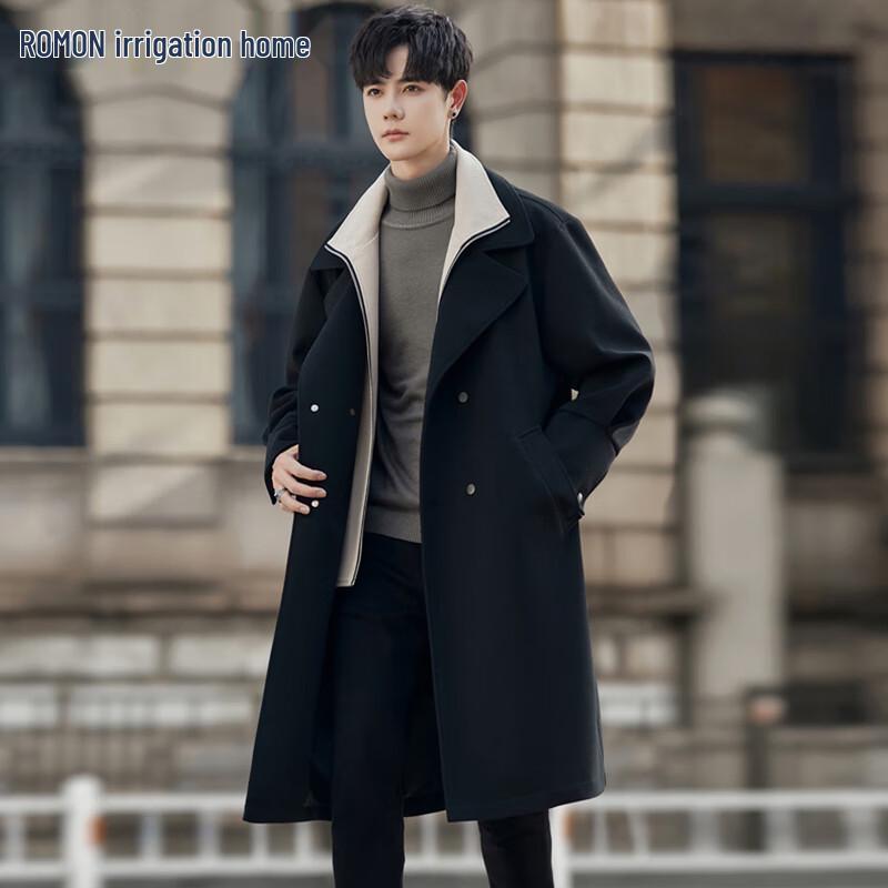 

ROMON Men s Mid-length British Style Faux Two-piece Wool Blend Trench Coat M