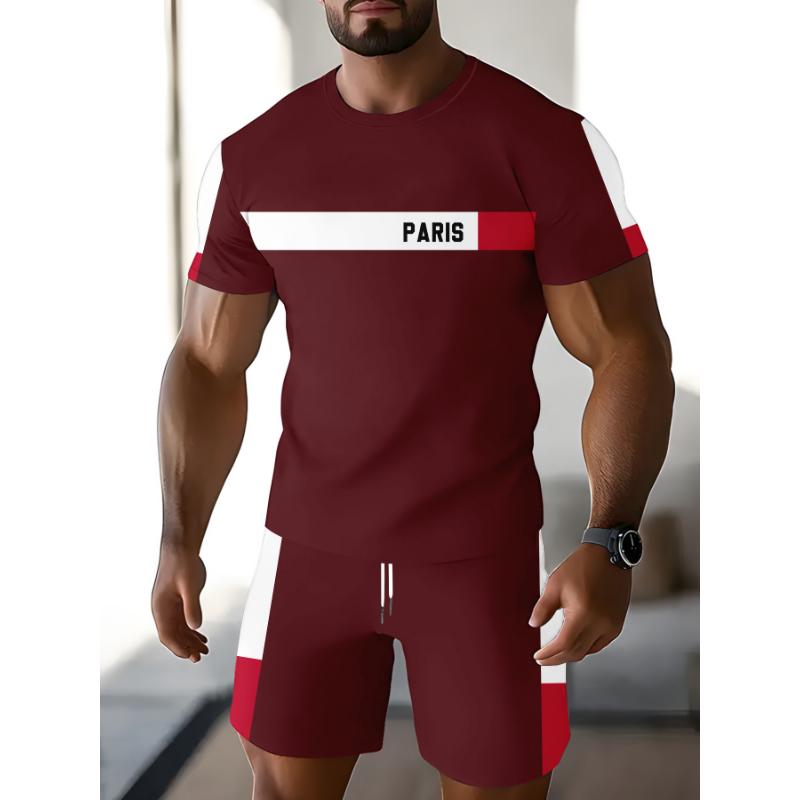 Men's Blue and Black Color-Blocked Suit T-Shirt with Geometric Line Print, Sporty and Trendy Two-Piece Set