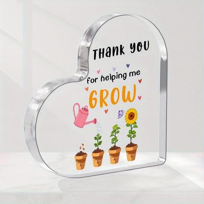 2D Flat "Thank You for Helping Me Grow" Heart-Shaped Acrylic Teacher Appreciation Gift Desktop Decoration Plaque, Home Decor Plaque Hanging Wall Art D