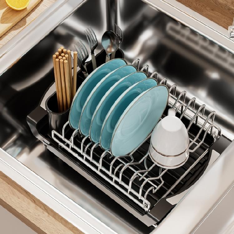 Flexible Expandable Over Sink Dish Drainer With Two Layers And Storage For Fast Drying