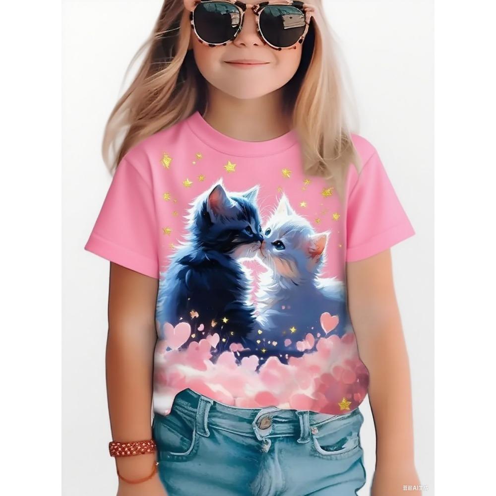 Fun Cat Girl T-shirt Summer Cartoon Pattern Girl Short Sleeve T-shirt Casual Round Neck Top Animal Children's Clothing Girl Clothing