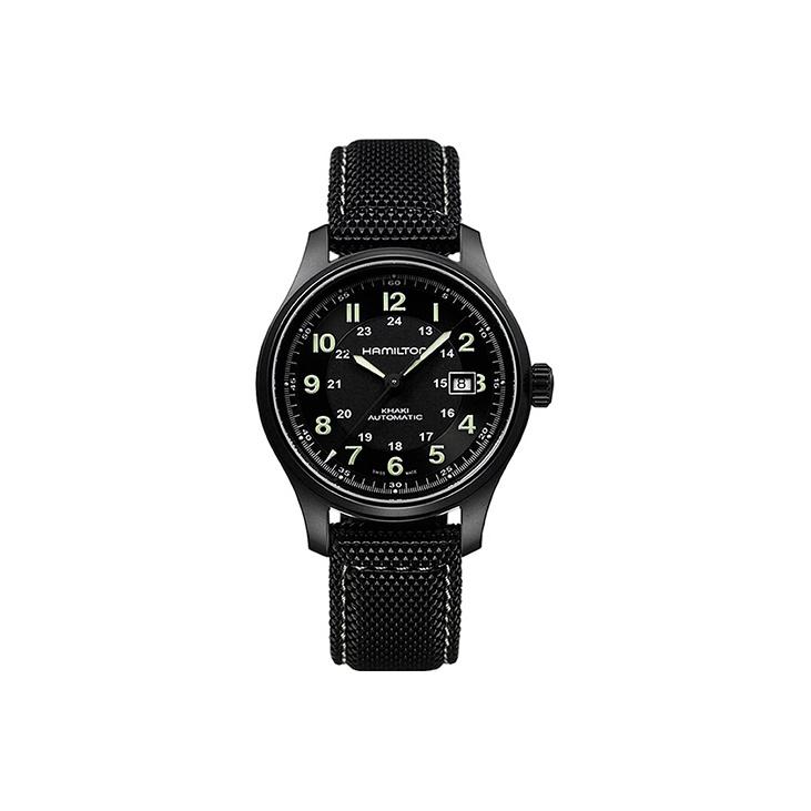 Hamilton Khaki Field Serie Automatisch Mechanisch Uurwerk 100 Meter Waterbestendig Horloge 42 Zwarte Wijzerplaat Titanium Kast Stoffen Band H70575733