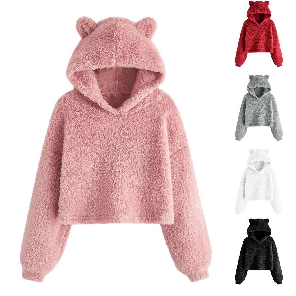 Girls' Fashion Solid Color Pullover Casual  Fleece  Ears Hooded Warm Sweater Sweatshirt