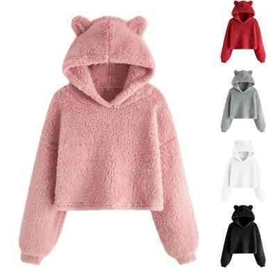 Girls' Fashion Color Pullover Casual Fleece Ears Hooded Warm Sweater Sweatshirt