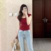 Red Square Neck Short-sleeved T-shirt Women's Summer New Front Shoulder Tight Spice Girl Short Slim and Thin Bottoming Shirt Top