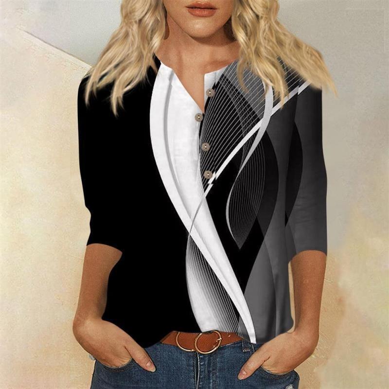 Button V-neck 3D Printed Top Fashionable Casual Long Sleeved Women's T-shirts