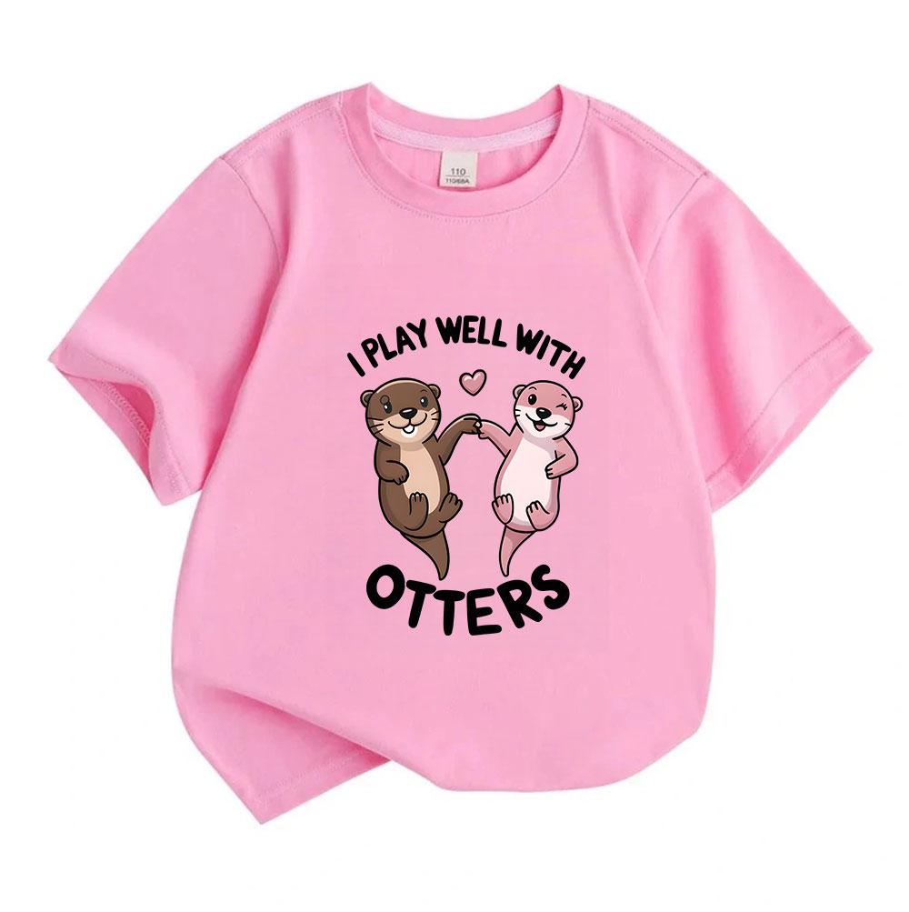 Kids Boys Girls 100% Cotton Crew Neck Short Sleeve T-Shirt Cute Cartoon Otters Couple Funny I Play Well With Otters Casual Lightweight Comfortable Gra