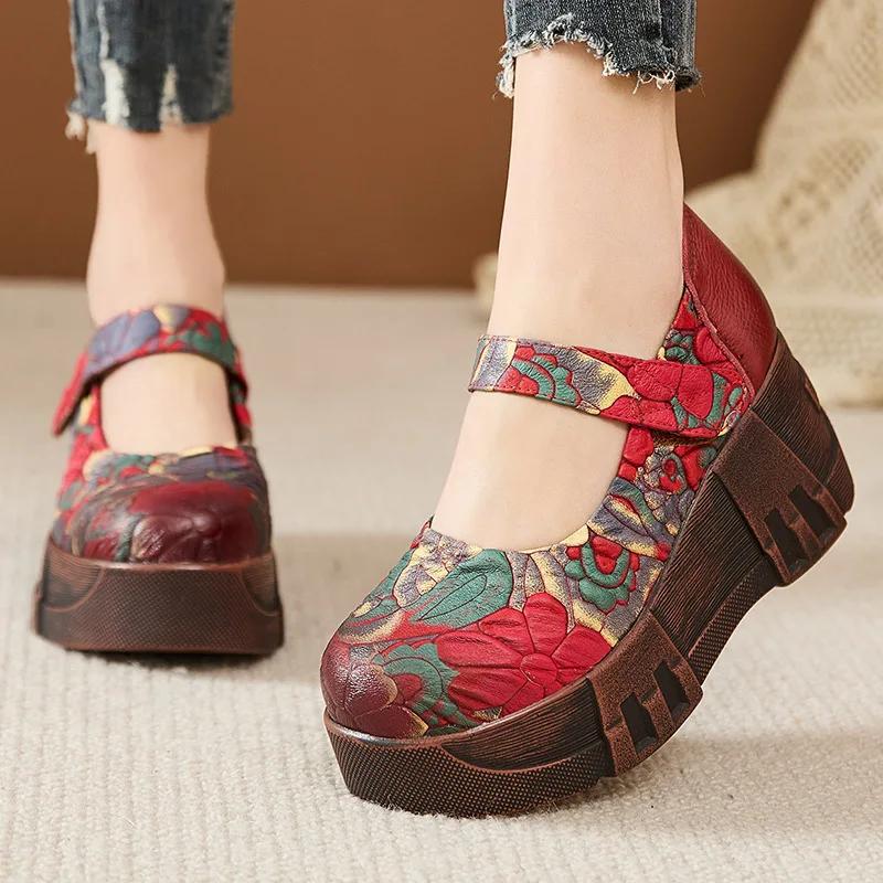 Fashion High Quality 7CM Genuine Leather Pigskin Moccasins Ladies Summer Women Thick Soled Flats Platform Wedge Sandals Round Toe Shoes
