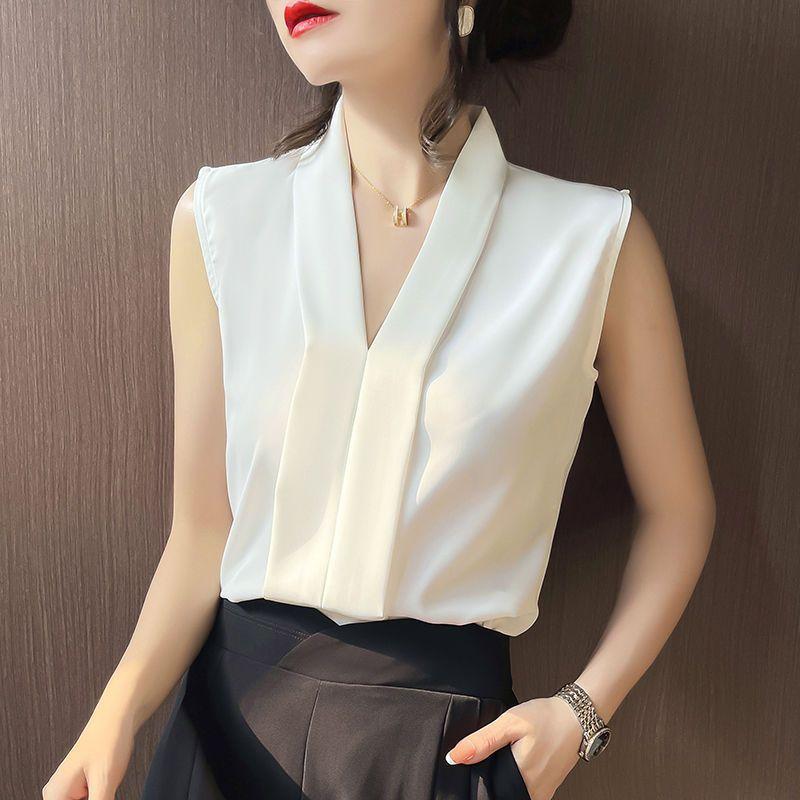 Women'S V Neck Sleeveless Loose Fit Chiffon Tank Top Casual Solid Color Shell