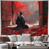 2D Japanese Samurai Ronin Tapestry, Red Leaves Temple Gate Wall Art for Home Decor