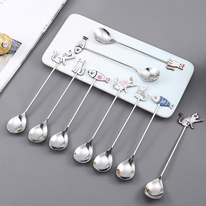 Cute Paintings Cat 304 Stainless Steel Spoon Hollow For Coffee Tea Dessert Spoon Kitchen Tableware Gifts For Students Children