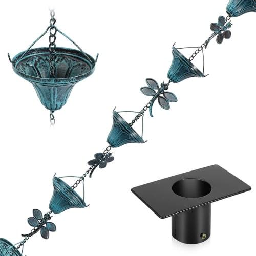 Vindar 2.6m Dragonfly Iron Retro Rain Chain for Gutters, Antique Sky Blue, 10 Flower Cups, 10 Dragonfly Decorative Rain Chain