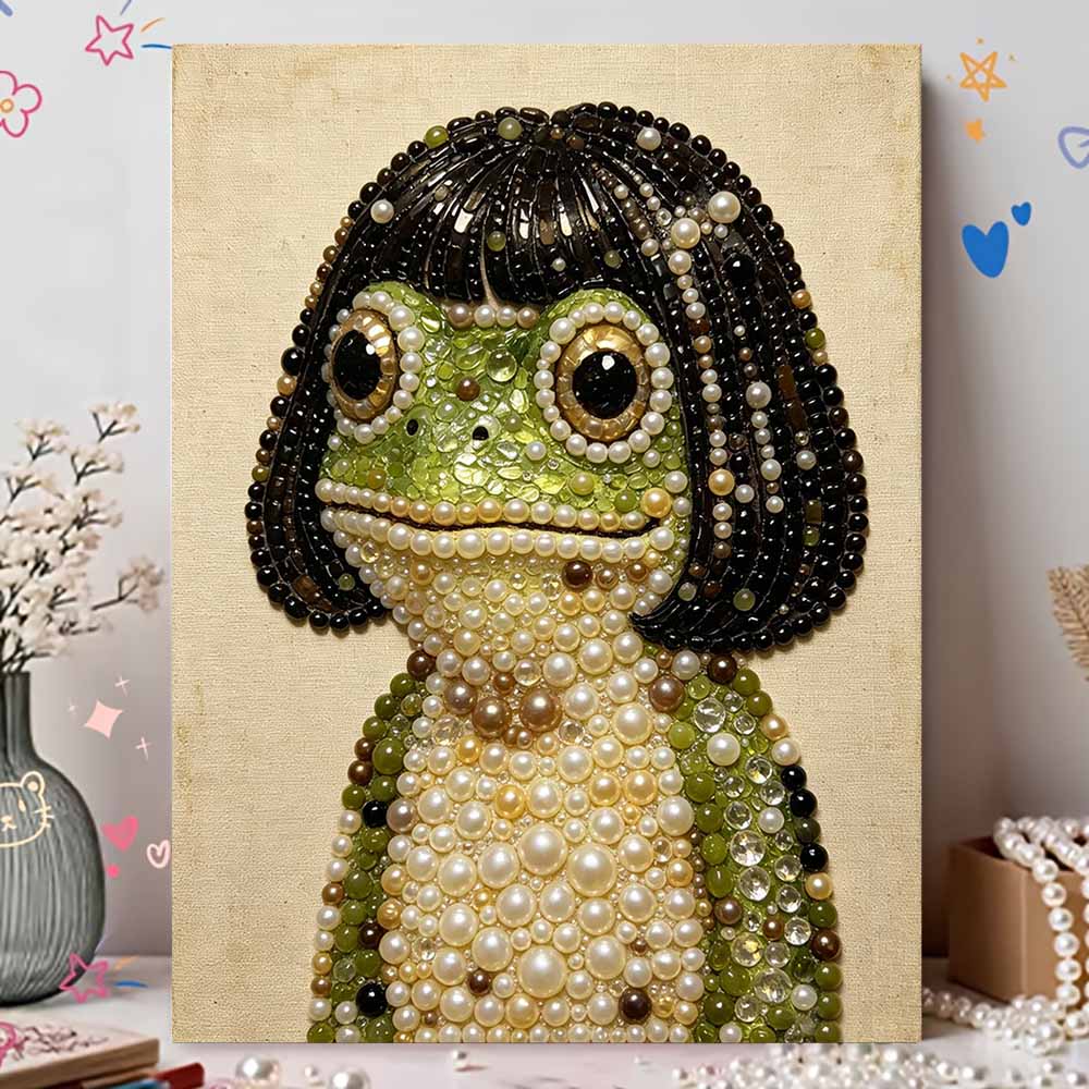 Handmade Framed Pearl Painting Set with Cute Bob Hair Frog Design 5D Shiny Bead Art Canvas Creative Craft for Room Decor Art Wall Decoration